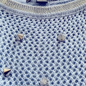 Forever 21 L/G crochet soft blue Sweater Lightweight w/silver cones & silvermesh